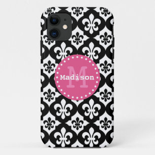 Capa Para iPhone 11 Monograma do padrão preto branco-rosa Fleur-De-Lis