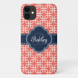 Capa Para iPhone 11 Monograma do Quatrefoil do Marinho do Coral do Mod