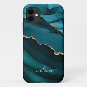 Capa Para iPhone 11 Monograma Dourado de Geodo Azul Aqua Azul