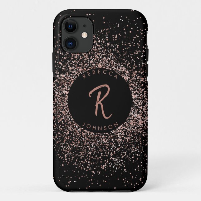 Capa Para iPhone 11 Monograma Dourado e Preto, cor-de-rosa (Verso)