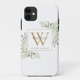 Capa Para iPhone 11 Monograma Dourado Elegante Verde Floral