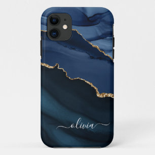 Capa Para iPhone 11 Monograma Dourado em Geodo de Ágata Azul-Marinho