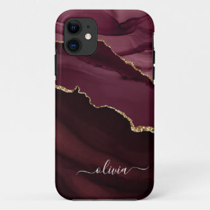Capa Para iPhone 11 Monograma Dourado em Geodo de Ágata Roxo Borgonha