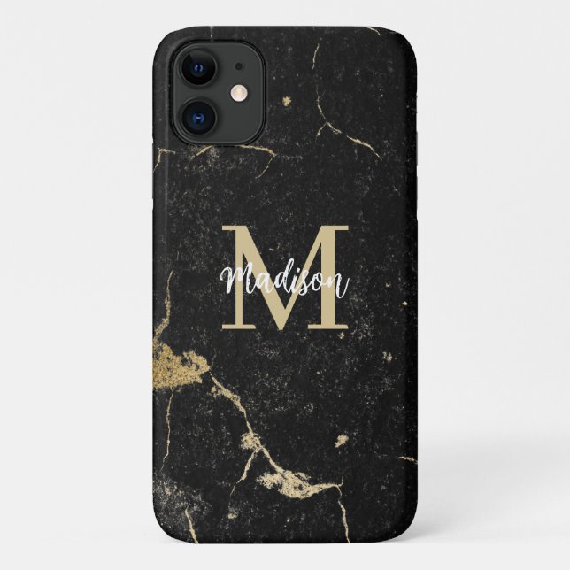 Capa Para iPhone 11 Monograma Dourado Mármore Negro Moderno (Verso)