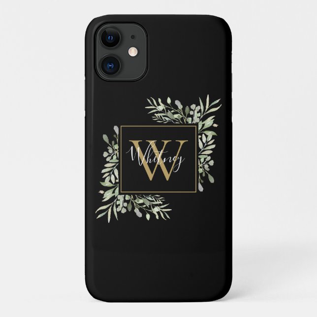 Capa Para iPhone 11 Monograma Dourado Personalizado Verde Verde Floral (Verso)