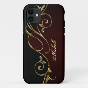 Capa Para iPhone 11 Monograma Dourado Real Borgonha