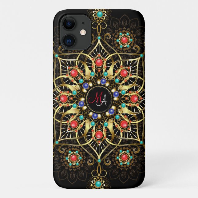Capa Para iPhone 11 Monograma Dourado Turquiose Red Mandala Jewel (Verso)