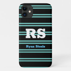 Capa Para iPhone 11 Monograma e Nome em Negrito, Linhas Azul Turquesa