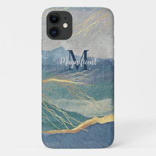 Capa Para iPhone 11 Monograma Elegante Dourada Paisagem Azul