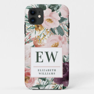 Capa Para iPhone 11 Monograma elegante floral de cor aquosa moderna