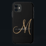 Capa Para iPhone 11 Monograma Elegante Nome Dourado Preto<br><div class="desc">Capas de iphone personalizada com uma escrita dourada inicial e um nome de escrita branca em preto Um estilo moderno de tipografia minimalista. Selecione o modelo do dispositivo para este design.</div>