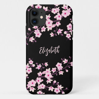 Capa Para iPhone 11 Monograma Flor de Cerejeira Rosa Preta
