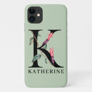Capa Para iPhone 11 Monograma Floral de Alfabeto Personalizado K