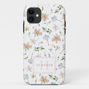 Capa Para iPhone 11 Monograma Floral de Padrão Aquarela Feminina