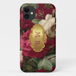 Capa Para iPhone 11 Monograma Floral de Rosa Vermelha Vintage Romântic