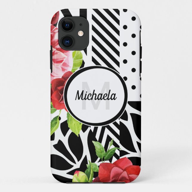 Capa Para iPhone 11 Monograma Floral Geométrico Vermelho (Verso)