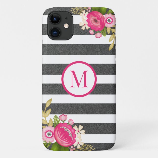 Capa Para iPhone 11 Monograma Floral Preto Branco Elegante (Verso)