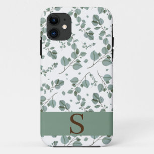 Capa Para iPhone 11 Monograma Floral Verde Folha Folha e Folha Branca