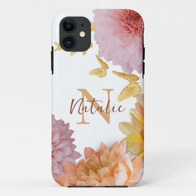 Capa Para iPhone 11 Monograma - Foto das flores Beige Rosa Elegante (Verso)