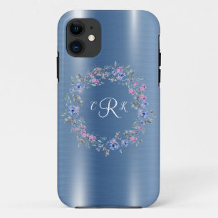 Capa Para iPhone 11 Monograma Metálico Azul Floral Girly