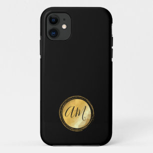 Capa Para iPhone 11 Monograma mínimo de quadro preto redondo de ouro