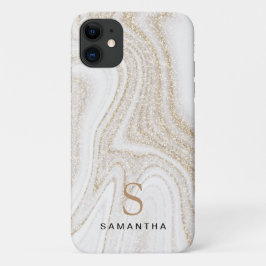 Capa Para iPhone 11 Monograma moderno de dourado branco de mármore bra
