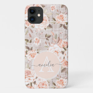 Capa Para iPhone 11 Monograma Nome Madeira russa e Rosas de vinagre Ro