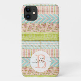 Capa Para iPhone 11 Monograma Nome Shabby Rosas em algodão de madeira