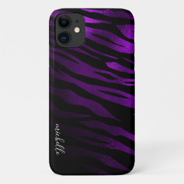 Capa Para iPhone 11 Monograma Personalizado com tiras de Tigre Púrpura