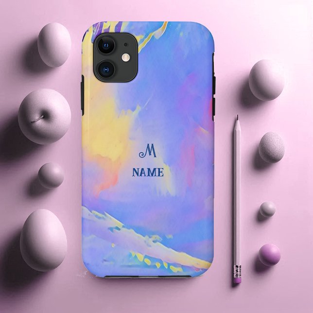 Capa Para iPhone 11 Monograma Personalizado de Nuvens Azuis Céu-Vinho (Watercolor Sky Blue Clouds Monogram Personalized Case-Mate iPhone Case)