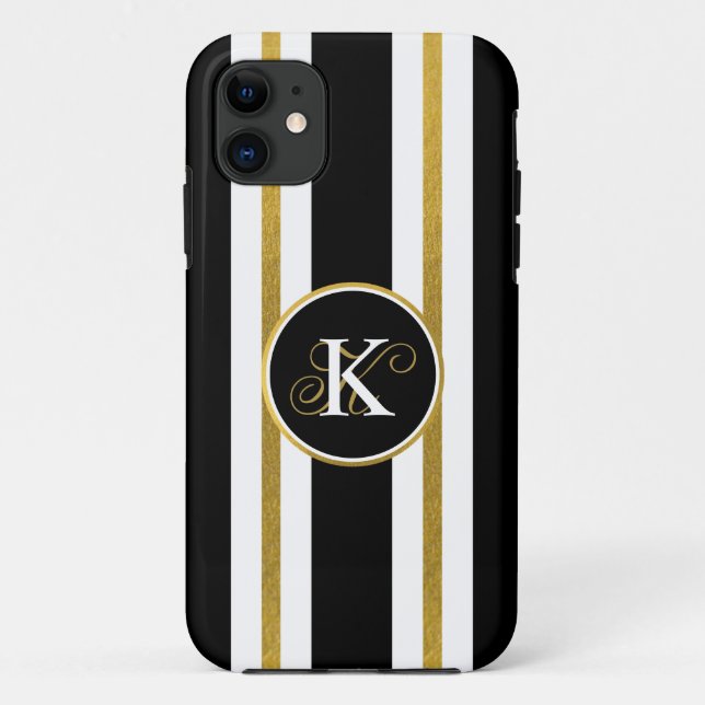 Capa Para iPhone 11 Monograma Personalizado de Stripes Negras e Dourad (Verso)