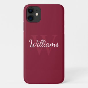 Capa Para iPhone 11 Monograma Personalizado e Nome Vermelho Borgonha