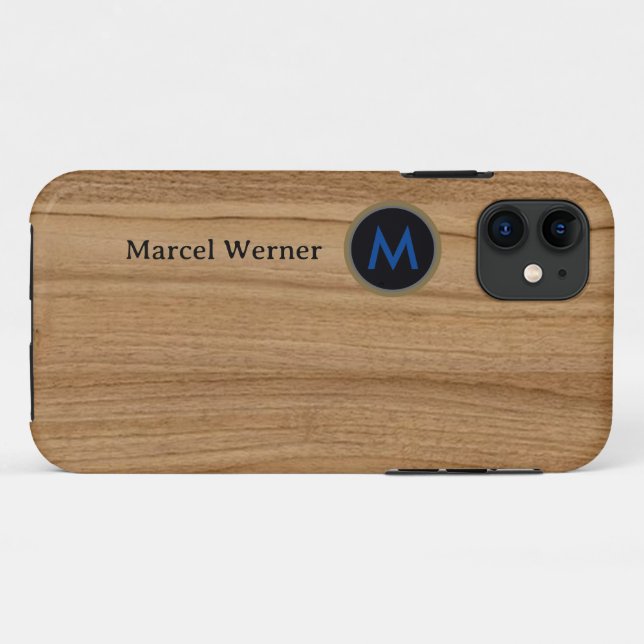 Capa Para iPhone 11 Monograma personalizado sobre madeira falsa (Verso (horizontal))
