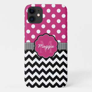 Capa Para iPhone 11 Monograma preto de Bolinhas rosa