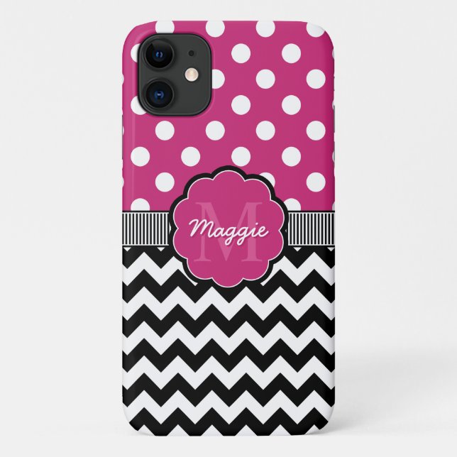 Capa Para iPhone 11 Monograma preto de Bolinhas rosa (Verso)