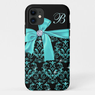 Capa Para iPhone 11 Monograma preto elegante do arco do diamante do