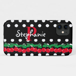 Capa Para iPhone 11 Monograma Red Cherries White Bolinhas Retro