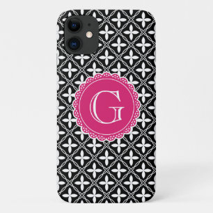 Capa Para iPhone 11 Monograma Rosa Quente Padrão Floral Preto