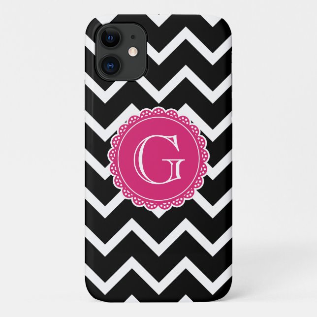 Capa Para iPhone 11 Monograma Rosa Quente Preto (Verso)