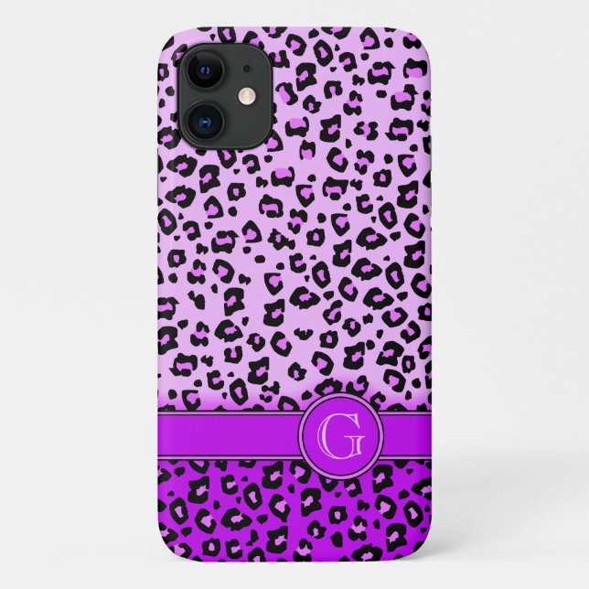 Capa Para iPhone 11 Monograma roxo com estampa de leopardo (Verso)