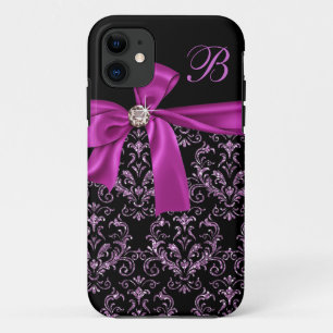 Capa Para iPhone 11 Monograma roxo preto elegante do arco do diamante