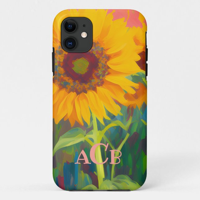 Capa Para iPhone 11 Monograma Trabalho de arte de girassol (Verso)