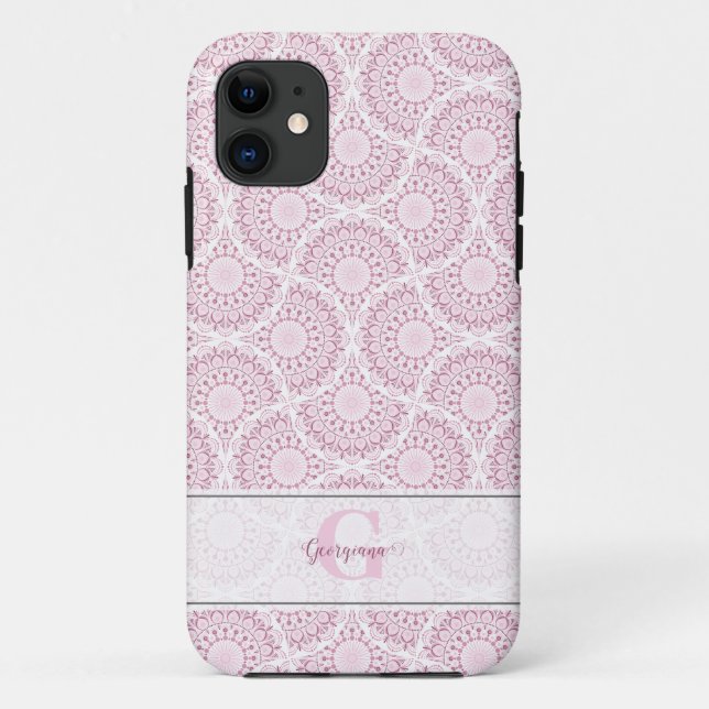 Capa Para iPhone 11 Monogramas de Arte Rosa Deco Confetti Lace Mandala (Verso)