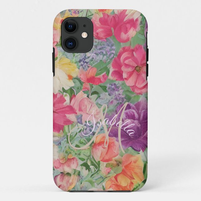 Capa Para iPhone 11 Monogramas Elegant Summer Blooms Aquarela (Verso)