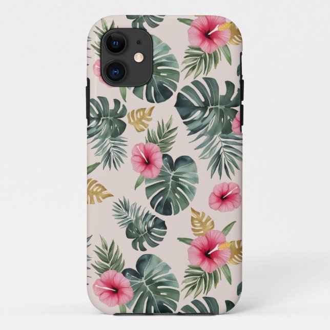 Capa Para iPhone 11 Monstera e Hibiscus Pattern (Verso)