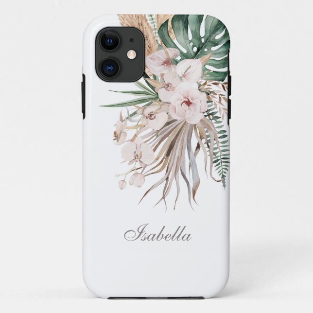 Capa Para iPhone 11 Monstera Tropical e Orchid Nome Personalizado (Verso)