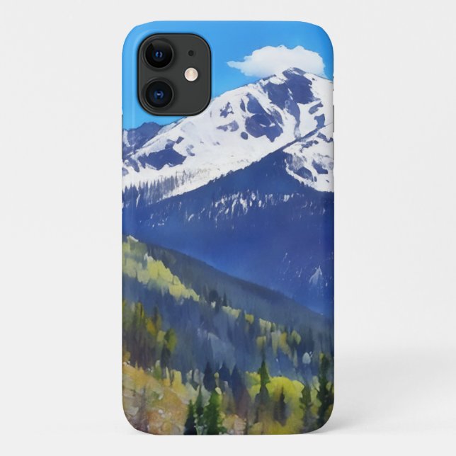 Capa Para iPhone 11 Montanha Neve e Árvores Estilo de Aquarela (Verso)