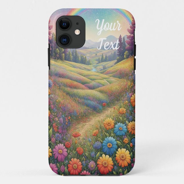 Capa Para iPhone 11 Montanhas Flores Arco-Íris (Verso)