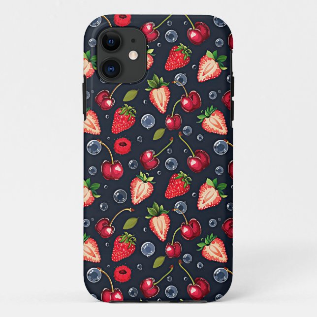 Capa Para iPhone 11 Morangos e cerejas sobre fundo escuro (Verso)