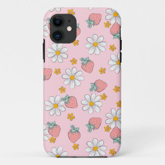 Capa Para iPhone 11 Morangos Rosa e margaridas com padrão